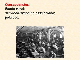 Consequências:
êxodo rural;
servidão-trabalho assalariado;
poluição.
 