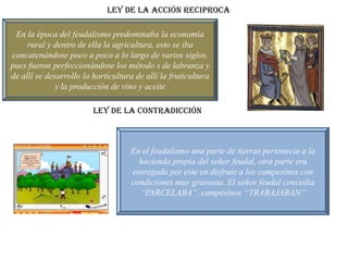 Ley de la acción reciproca

 En la época del feudalismo predominaba la economía
     rural y dentro de ella la agricultura, esto se iba
concatenándose poco a poco a lo largo de varios siglos,
pues fueron perfeccionándose los método s de labranza y
de allí se desarrollo la horticultura de allí la fruticultura
              y la producción de vino y aceite

                         LEY DE LA CONTRADICCIÓN



                                    En el feudalismo una parte de tierras pertenecía a la
                                      hacienda propia del señor feudal, otra parte era
                                    entregada por este en disfrute a los campesinos con
                                    condiciones muy gravosas. El señor feudal concedía
                                      “PARCELABA”, campesinos “TRABAJABAN”
 