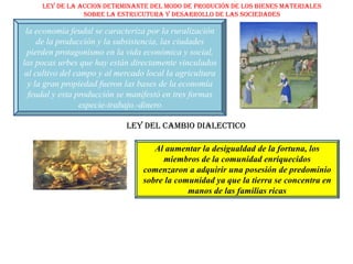LEY DE LA ACCION DETRMINANTE DEL MODO DE PRODUCIÓN DE LOS BIENES MATERIALES
                SOBRE LA ESTRUCUTURA Y DESARROLLO DE LAS SOCIEDADES

 la economía feudal se caracteriza por la ruralización
     de la producción y la subsistencia, las ciudades
  pierden protagonismo en la vida económica y social,
las pocas urbes que hay están directamente vinculados
 al cultivo del campo y al mercado local la agricultura
  y la gran propiedad fueron las bases de la economía
  feudal y esta producción se manifestó en tres formas
                 especie-trabajo.-dinero

                             LEY DEL CAMBIO DIALECTICO

                                     Al aumentar la desigualdad de la fortuna, los
                                       miembros de la comunidad enriquecidos
                                  comenzaron a adquirir una posesión de predominio
                                  sobre la comunidad ya que la tierra se concentra en
                                              manos de las familias ricas
 