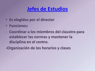 Jefes de Estudios
• Es elegidos por el director
• Funciones:
- Coordinar a los miembros del claustro para
  establecer las normas y mantener la
  disciplina en el centro.
-Organización de los horarios y clases
 