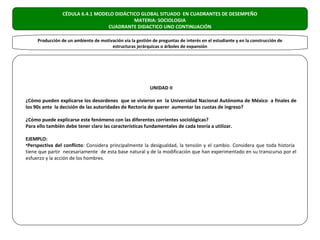 CÉDULA 6.4.1 MODELO DIDÁCTICO GLOBAL SITUADO EN CUADRANTES DE DESEMPEÑO
                                            MATERIA: SOCIOLOGIA
                                  CUADRANTE DIDACTICO UNO CONTINUACIÓN

     Producción de un ambiente de motivación vía la gestión de preguntas de interés en el estudiante y en la construcción de
                                       estructuras jerárquicas o árboles de expansión




                                                           UNIDAD II

¿Cómo pueden explicarse los desordenes que se vivieron en la Universidad Nacional Autónoma de México a finales de
los 90s ante la decisión de las autoridades de Rectoría de querer aumentar las cuotas de ingreso?

¿Cómo puede explicarse este fenómeno con las diferentes corrientes sociológicas?
Para ello también debe tener claro las características fundamentales de cada teoría a utilizar.

EJEMPLO:
•Perspectiva del conflicto: Considera principalmente la desigualdad, la tensión y el cambio. Considera que toda historia
tiene que partir necesariamente de esta base natural y de la modificación que han experimentado en su transcurso por el
esfuerzo y la acción de los hombres.
 