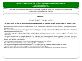 CÉDULA 7.4 MODELO DIDÁCTICO GLOBAL SITUADO EN CUADRANTES DE DESEMPEÑO
                                                 MATERIA: SOCIOLOGIA
                                              CUADRANTE DIDACTICO UNO

          Producción de un ambiente de motivación vía la gestión de preguntas de interés en el estudiante y en la construcción de
                                            estructuras jerárquicas o árboles de expansión



                                                              UNIDAD III

                                              La Religión (la iglesia y los grupos de culto)

¿Por qué la mayor parte de los cultos no tienen larga vida y por qué los miembros de estos tienden a pasar de un culto a otro?

•La diferencia de creencias y de ritos son el pretexto para la competencia, la discusión, el conflicto político, el desacuerdo familiar y
la violencia física.
•Las personas aprenden que su propia iglesia tiene la verdad y que las otras están contaminadas de falsedades, en la cual entonces
el entendimiento mutuo es difícil.
•La variedad de grupos religiosos significa que cualquier grupo social puede encontrar una asociaron religiosa en la que se sienta
como encasa.
•Los cultos se encuentran en todas las religiones y por lo general tiene corta vida; estos pueden convocar a un ataque total contra
los valores existentes y sus miembros, son con frecuencia fanáticamente leales, aunque también con frecuencia, después de
algunos años dejan un culto por otro.
•Los cultos parecen desarrollarse mejor donde las iglesia teológicas son mas débiles.
•Los cultos acentúan la devoción hacia un líder magnético y carismático.
•Las actividades del culto pueden ser equivalentes a la fuga de la autoconciencia que se encuentra en las drogas.
•Acentúa la pureza de la emoción, mas que el razonamiento científico o lógico.
•Ofrecen certeza, proporcionan compañía, incitan a las personas a negar el interés por las posiciones personales.
 