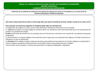 CÉDULA 7.4.3 MODELO DIDÁCTICO GLOBAL SITUADO EN CUADRANTES DE DESEMPEÑO
                                               MATERIA: SOCIOLOGIA
                                     CUADRANTE DIDACTICO UNO CONTINUACIÓN

         Producción de un ambiente de motivación vía la gestión de preguntas de interés en el estudiante y en la construcción de
                                           estructuras jerárquicas o árboles de expansión




¿Por qué la mayor parte de los cultos no tiene larga vida y por qué los miembros de éstos, tienden a pasar de un culto a otro?

Para contestar las anteriores preguntas el estudiante debe saber los conceptos de:
La clasificación de la iglesia en cultos, sectas, indica diferentes métodos de relacionarse con la sociedad
L a secta busca imponer una pauta rígida, de conducta ideal a sus miembros y esta interrelacionada más en ser tolerada que de
cambiar a la sociedad más amplia.
El culto puede tratar de transformar a la sociedad, pero con frecuencia se concentra en la creación de una experiencia de grupo
satisfactoria.
L a denominación es un grupo religioso más importante quien espera que una separación de la iglesia y el Estado le permita ser
influyente a un que no dominante.
Las funciones de la religión es llegar a todas las personas y persuadirlas de que observen los rituales religiosos y comprender la
creencia religiosa apoyando económicamente a los templos y lleven actos predescritos por la religión.
Y para conocer estos conceptos remitirse exclusivamente a la siguiente bibliografía y cibergrafía.
 