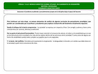 CÉDULA 7.4.12 MODELO DIDÁCTICO GLOBAL SITUADO EN CUADRANTES DE DESEMPEÑO
                                            MATERIA: SOCIOLOGIA
                                         CUADRANTE DIDACTICO CINCO

               Solucionar el problema acudiendo a procedimientos propios de la disciplina bajo el apoyo del docente




Para continuar con esta etapa se anexan elementos de análisis de algunas corrientes de pensamiento sociológico, que
pueden ser considerados por el profesor y estudiantes para explicar el desarrollo del fenómeno inicialmente expuesto.

Desde el enfoque de la teoría comprensiva. La sociedad se expresa con respecto a fines. Con arreglo a valores y tiene como
característica ser racional, afectiva y tradicional.

Por su parte el estructural funcionalista. Presta mayor atención al consenso de valores, al orden y a la estabilidad que se vive
en las estructuras de la sociedad a los roles de los sujetos dentro de las estructura de la sociedad. Y como estos de alguna son
factor de estabilidad cuando todos cumples sus papeles que le son asignados.

Y la teoría del conflicto. Considera principalmente la enajenación, la desigualdad, la tensión y el cambio que debe darse en
la sociedad a partir de la consciencia de clase.
 