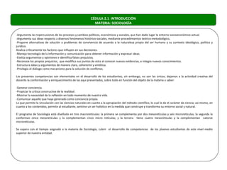 CÉDULA 2.1 INTRODUCCIÓN
                                                             MATERIA: SOCIOLOGÍA


-Argumenta las repercusiones de los procesos y cambios políticos, económicos y sociales, que han dado lugar la entorno socioeconómico actual.
-Argumenta sus ideas respecto a diversos fenómenos histórico-sociales, mediante procedimientos teórico-metodológico.
-Propone alternativas de solución a problemas de convivencia de acuerdo a la naturaleza propia del ser humano y su contexto ideológico, político y
jurídico.
Analiza críticamente los factores que influyen en sus decisiones.
-Maneja tecnología de la información y comunicación para obtener información y expresar ideas.
-Evalúa argumentos y opiniones e identifica falsos prejuicios.
-Reconoce los propios prejuicios, que modifica sus puntos de vista al conocer nuevas evidencias, e integra nuevos conocimientos.
-Estructura ideas y argumentos de manera clara, coherente y sintética.
-Privilegia el diálogo como mecanismo para la solución de conflictos.

Las presentes competencias son elementales en el desarrollo de los estudiantes, sin embargo, no son las únicas, dejamos a la actividad creativa del
docente la conformación y enriquecimiento de las aquí presentadas, sobre todo en función del objeto de la materia a saber:

-Generar conciencia.
-Propiciar la crítica constructiva de la realidad.
-Mostrar la necesidad de la reflexión en todo momento de nuestra vida.
-Comunicar aquello que haya generado como conciencia propia.
Lo que permite la vinculación con las ciencias naturales en cuanto a la apropiación del método científico, lo cual le da el carácter de ciencia; asi mismo, en
cuanto a los contenidos, permite al estudiante, sentirse un ser holístico en la medida que construye y transforma su entorno social y natural.

El programa de Sociología está diseñado en tres macroretículas: la primera se complementa por dos mesoretículas y seis microreticulas; la segunda la
conforman cinco mesoretículas y la complementan cinco micro retículas; y la tercera tiene cuatro mesoretículas y la complementan catorce
microretículas.

Se espera con el tiempo asignado a la materia de Sociología, cubrir el desarrollo de competencias de los jóvenes estudiantes de este nivel medio
superior de nuestra entidad.
 
