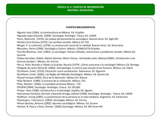 CÉDULA 11.4 FUENTES DE INFORMACIÓN
                                            MATERIA: SOCIOLOGIA




                                            FUENTES BIBLIOGRÁFICAS
•Agustín José (1996). La contracultura en México. Ed. Grijalbo.
•Aguado López Eduardo (2004). Sociología. Antología. Toluca; Ed. UAEM.
•Aron, Raymond, (1970): Las etapas del pensamiento sociológico. Buenos Aires; Ed. Siglo XXI
•Amitai y Eva Etziony (1979). Los cambios sociales. México Ed. FCE.
•Berger, P. y Luckmann, (1978). La construcción social de la realidad. Buenos Aires. Ed. Amorrortu.
•Bourdieu, Pierre (1990). Sociología y Cultura. México. CONACULTA-Grijalbo.
•Carrillo Martínez, José (1982): La sociología: Teorías métodos, tecnicismos y problemas sociales. México Ed.
Jocamar
•Cobos González, Rubén; Martin Sánchez, María Teresa; Hernández León, Manuel (2005). Introducción a las
Ciencias Sociales I. México. Ed. Porrúa.
•De La Peña, Ricardo y Toledo La Guardia, Rosario (1979). ¿Cómo acercarse a la sociología? México; Ed. Noriega
•Delgado de cantú Gloria M. (2004). Antropología, la ciencia que estudia al ser humano. México: ed. Edere
•Durkheim, Emile, (1976). Educación como socialización. Salamanca. Ed. Sígueme.
•Durkheim, Emile. (2005). Las Reglas del Método Sociológico. México. Ed. Quinto Sol.
•Dussel Enrique (2005). Ética de la liberación. México Ed. Alianza
•Elías Norbert (1989). El proceso de la civilización. México. FCE.
•Elías, Norbert (1982). La sociedad cortesana México. FCE.
•EPOEM (2004). Sociología. Antología; Toluca; Ed. SECyBS.
•Freyer Hans (1980). Introducción a la Sociología. España; Ed. Aguilar.
•Garciarivas Garduño, Germán y Buendía Arriaga, Gabriel (1998). Sociología. Antología. Toluca; Ed. UAEM
•Goffman Erving (2005). La presentación de la persona en la vida cotidiana. Argentina: Ed. Amorrortu.
•Gomezjara, Francisco A. (2003). Sociología; México. Ed. Porrúa.
•Heras Sánchez, Antonio (2002). Apuntes sociológicos. México: Ed. Ducere.
•Horton, B. Paul y L Hunt, Chester (2002).Sociología. México; Ed. MC Graw Hill.
 