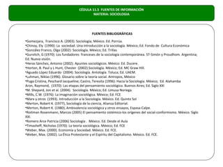 CÉDULA 11.5 FUENTES DE INFORMACIÓN
                                          MATERIA: SOCIOLOGIA




                                          FUENTES BIBLIOGRÁFICAS
•Gomezjara, Francisco A. (2003). Sociología; México. Ed. Porrúa.
•Chinoy, Ely (1990): La sociedad. Una introducción a la sociología. México; Ed. Fondo de Cultura Económica
•González Franco, Olga (2002): Sociología. México; Ed. Trillas
•Gurvitch, G (1970): Los fundadores franceses de la sociología contemporánea. ST-Simón y Proudhom. Argentina;
Ed. Nueva visión.
•Heras Sánchez, Antonio (2002). Apuntes sociológicos. México: Ed. Ducere.
•Horton, B. Paul y L Hunt, Chester (2002).Sociología. México; Ed. MC Graw Hill.
•Aguado López Eduardo (2004). Sociología. Antología. Toluca; Ed. UAEM.
•Luhman, Niklas (1996). Glosario sobre la teoría social. Antropos, México
•Puga Cristina, Peschard Jacqueline; Castro, Teresita (1996): Hacia la Sociología. México; Ed. Alahamba
Aron, Raymond, (1970): Las etapas del pensamiento sociológico. Buenos Aires; Ed. Siglo XXI
•M. Shepard, Jon et al. (2004). Sociología. México; Ed. Limusa Noriega.
•Mills, C.W. (1976): La imaginación sociológica. México; Ed. FCE
•Marx y otros (1993). Introducción a la Sociología. México. Ed. Quinto Sol
•Merton, Robert K. (1977), Sociología de la ciencia, Alianza Editorial.
•Merton, Robert K. (1980), Ambivalencia sociológica y otros ensayos, Espasa-Calpe.
•Roitman Rosenmann, Marcos (2005) El pensamiento sistémico-los orígenes del social-conformismo. México. Siglo
XXI.
•Romero Arce Patricia (2006) Sociología . México. Ed. Desde el Aula
•Timasheff, Nicholas (1970): La teoría sociológica. México; Ed. FCE
•Weber, Max. (2000). Economía y Sociedad. México. Ed. FCE.
•Weber, Max. (2002). La Ética Protestante y el Espíritu del Capitalismo. México. Ed. FCE.
 