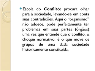 Escola   do Conflito: procura olhar
 para a sociedade, levando-se em conta
 suas contradições. Aqui o “organismo”
 não adoece, pode perfeitamente ter
 problemas em suas partes (órgãos)
 uma vez que entende que o conflito, o
 choque normativo, é o que move os
 grupos de uma dada sociedade
 historicamente constituída.
 