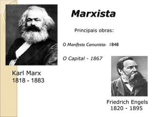 Marxista
                   Principais obras:

              O Manifesto Comunista- 1848

              O Capital - 1867


Karl Marx
1818 - 1883


                                   Friedrich Engels
                                    1820 - 1895
 