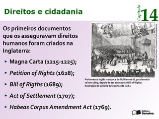 Direitos e cidadania
14
Capítulo
Os primeiros documentos
que os asseguravam direitos
humanos foram criados na
Inglaterra:
Parlamento inglês na época de Guilherme III, proclamado
rei em 1689, depois de ter assinado a Bill of Rights.
Ilustração de autoria desconhecida (s.d.).
Coleçãoparticular/TophamPicturepoint/TopFoto/Keystone
Magna Carta (1215-1225);
Petition of Rights (1628);
Bill of Rigths (1689);
Act of Settlement (1707);
Habeas Corpus Amendment Act (1769).
Direitos e cidadania
14
Capítulo
 