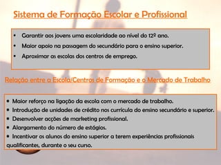 Sistema de Formação Escolar e Profissional
• Garantir aos jovens uma escolaridade ao nível do 12º ano.
• Maior apoio na passagem do secundário para o ensino superior.
• Aproximar as escolas dos centros de emprego.
• Maior reforço na ligação da escola com o mercado de trabalho.
• Introdução de unidades de crédito nos currícula do ensino secundário e superior.
• Desenvolver acções de marketing profissional.
• Alargamento do número de estágios.
• Incentivar os alunos do ensino superior a terem experiências profissionais
qualificantes, durante o seu curso.
Relação entre a Escola/Centros de Formação e o Mercado de Trabalho
 
