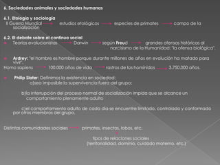 6. Sociedades animales y sociedades humanas

6.1. Etología y sociología
II Guerra Mundial
estudios etológicos
socialización
6.2. El debate sobre el continuo social

Teorías evolucionistas
Darwin

especies de primates

campo de la

según Freud
grandes ofensas históricas al
narcisismo de la Humanidad: "la ofensa biológica".

Ardrey: "el hombre es hombre porque durante millones de años en evolución ha matado para
vivir".
Homo sapiens
100.000 años de vida
rastros de los homínidos
3.750.000 años.




Philip Slater: Definimos la existencia en sociedad:
a)sea imposible la supervivencia fuera del grupo;

b)la interrupción del proceso normal de socialización impida que se alcance un
comportamiento plenamente adulto
c)el comportamiento adulto de cada día se encuentre limitado, controlado y conformado
por otros miembros del grupo.
Distintas comunidades sociales

primates, insectos, lobos, etc.
tipos de relaciones sociales
(territorialidad, dominio, cuidado materno, etc.)

 