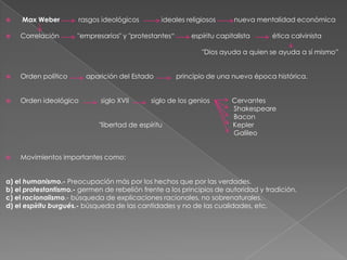 

Max Weber

rasgos ideológicos

ideales religiosos



Correlación

"empresarios" y "protestantes“

nueva mentalidad económica

espíritu capitalista

ética calvinista

"Dios ayuda a quien se ayuda a sí mismo”



Orden político



Orden ideológico

aparición del Estado
siglo XVII

siglo de los genios

"libertad de espíritu



principio de una nueva época histórica.
Cervantes
Shakespeare
Bacon
Kepler
Galileo

Movimientos importantes como:

a) el humanismo.- Preocupación más por los hechos que por las verdades.
b) el protestantismo.- germen de rebelión frente a los principios de autoridad y tradición.
c) el racionalismo.- búsqueda de explicaciones racionales, no sobrenaturales.
d) el espíritu burgués.- búsqueda de las cantidades y no de las cualidades, etc.

 