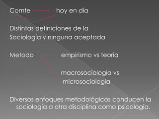 Comte

hoy en día

Distintas definiciones de la
Sociología y ninguna aceptada
Metodo

empirismo vs teoría
macrosociología vs
microsociología

Diversos enfoques metodológicos conducen la
sociología a otra disciplina como psicología.

 