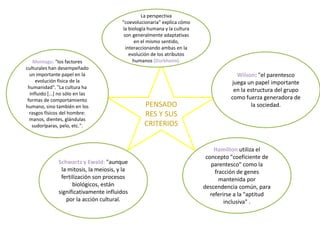 Montagu: "los factores
culturales han desempeñado
un importante papel en la
evolución física de la
humanidad". "La cultura ha
influido [...] no sólo en las
formas de comportamiento
humano, sino también en los
rasgos físicos del hombre:
manos, dientes, glándulas
sudoríparas, pelo, etc.".

La perspectiva
"coevolucionaria" explica cómo
la biología humana y la cultura
son generalmente adaptativas
en el mismo sentido,
interaccionando ambas en la
evolución de los atributos
humanos (Durkheim).

Schwartz y Ewald: "aunque
la mitosis, la meiosis, y la
fertilización son procesos
biológicos, están
significativamente influidos
por la acción cultural.

PENSADO
RES Y SUS
CRITERIOS

Wilson: "el parentesco
juega un papel importante
en la estructura del grupo
como fuerza generadora de
la sociedad.

Hamilton utiliza el
concepto "coeficiente de
parentesco" como la
fracción de genes
mantenida por
descendencia común, para
referirse a la "aptitud
inclusiva" .

 