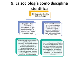 9. La sociología como disciplina
científica
9.1 El carácter científico
de la sociología

Piaget señala la
dificultad
consistente en que
en la sociología, el
hombre "es a la vez
objeto y sujeto"

a) nemotécnicas: intentan llegar a
establecer leyes
(psicología, sociología, economía)
. b) históricas: intentan
reconstruir y comprender el
desarrollo de todas las
manifestaciones de la vida social
a través del tiempo. c) jurídicas:
se ocupan del comportamiento
normativo de las sociedades.

La pluralidad fáctica de la
sociología conduce a las
distintos aspectos de la
realidad, y a utilizar
conceptos que adquieren
significados diferentes
según la óptica analítica de
la que se parta.

Abercrombie, si en la sociología se
ve al hombre determinado por las
estructuras sociales, entonces la
sociología se puede interpretar
como una ciencia con métodos y
procedimientos en principio
semejantes a los de las ciencias
naturales.

 
