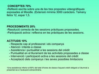 CONCEPTES 70% 
Escollir 5 articles/notícies sobre una mateixa temàtica (política, gènere, 
economia i consum, estètica i salut, multiculturalitat, violència versus 
fair-play) i feu un comentari crític de cada un d’ ells . (Ob. Crític Esport) 
PROCEDIMENTS 20% 
-Resolució correcta de les sessions pràctiques proposades. 
-Participació activa i reflexiva en les pràctiques de les sessions. 
ACTITUDS 10% 
- Respecte cap al professorat i els companys 
- Atenció i interès a classe 
- Assistència i puntualitat a les sessions del crèdit 
- Puntualitat en el lliurament de les activitats proposades a classe 
- Intervenció i participació activa a les sessions del crèdit 
- Acceptació dels companys i les seves possibles limitacions 
*Una assistència inferior al 80% del total d’hores de classe d’aquest crèdit obligarà a l’alumnat a 
presentar-se a l’avaluació extraordinària. 
 