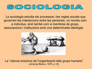 La sociologia estudia els processos i les regles socials que 
governen les interaccions entre les persones, no només com 
a individus, sinó també com a membres de grups, 
associacions i institucions amb una determinada ideologia. 
La “ciència empírica de l’organització dels grups humans” 
(Jimenez Blanco, 1975, p.12). 
 
