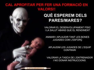 ESTRUCUTURA: 
1- PRESENTACIÓ DEL CLUB (MISIÓ, VISIÓ I VALORS) 
2- PRESENTACIÓ PERSONAL DE L’ENTRENADOR (I DEL COORDINADOR 
SI S’ESCAU). Experiència, objectius, complicitat formativa... 
3- GESTIÓ I ORGANITZACIÓ: Horaris d’entrenament, material, 
desplaçaments, calendari de competició, cuotes... 
4- PRESENTACIÓ DEL REGLAMENT DE RÈGIM INTERN I DEL CODI ÈTIC 
(Cal saber les regles del joc: manques d’assistència, responsabilitats del 
jugador, responsabilitats dels entrenadors, responsabilitats de les famílies, 
responsabilitats del club...) 
 