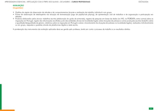21
APRENDIZAGENS ESSENCIAIS | ARTICULAÇÃO COM O PERFIL DOS ALUNOS | SECUNDÁRIO | CURSOS PROFISSIONAIS		 	 	 	 	 	 	 	 	 	 SOCIOLOGIA
AVALIAÇÃO
(Sugestões)
Grelhas de registo de observação de atitudes e de comportamentos durante a realização de trabalho individual e em grupo.
Fichas de observação de desempenho em situação de dramatização (jogo de papéis/role playing), de apresentação oral de trabalhos e de organização e participação em
debates.
Produtos elaborados pelos alunos: trabalhos escritos (elaboração do guião de entrevista), registos de pesquisa em bases de dados (no INE, na PORDATA, entre outros) sobre as
migrações em Portugal, registo das informações recolhidas junto das entidades oficiais da localidade/região sobre situações de pobreza e outras produções escritas (trabalho sobre
a igualdade/desigualdade de género, relatórios sobre as migrações em Portugal e sobre o levantamento de situações de pobreza na localidade/região), realizados individualmente
ou em grupo, respostas a questões através de plataformas digitais e teste escrito.
A ponderação dos instrumentos de avaliação aplicados deve ser gerida pelo professor, tendo em conta o processo de trabalho e os resultados obtidos.
•
•
•
 