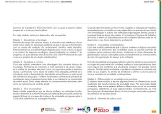 domínios de Cidadania e Desenvolvimento com os quais é possível realizar
projetos de articulação interdisciplinar.
Em cada módulo, os temas a desenvolver são os seguintes:
Módulo 1 - Descobrindo a Sociologia
Partindo do campo das ciências sociais, e tomando como referência o facto
social como objeto da Sociologia, pretende-se que os alunos se familiarizem
com os modos de produção do conhecimento científico nesta disciplina.
Estes constituem os procedimentos privilegiados para iniciar o aluno no gosto
e na prática da pesquisa sociológica, operacionalizados no módulo 7 do
programa, os quais deverão estar de acordo com o Perfil Profissional de cada
curso e os projetos de articulação interdisciplinar.
Módulo 2 - Sociedade e indivíduo
Com este módulo pretende-se uma abordagem dos conceitos básicos de
Sociologia. Partindo-se da interação a nível individual e de grupo chega-
se à análise do processo relacional como um jogo entre papéis e estatutos
sociais. Continuando numa escala de análise mais alargada, pretende-se a
articulação entre a diversidade das identidades socioculturais e a ação social
dos indivíduos e dos grupos. Também é analisado o contributo do processo de
socialização para a integração social, dada a sua relevância na manutenção
da ordem social. Serão ainda referidos os comportamentos desviantes, bem
como os mecanismos de controlo social.
Módulo 3 - Viver em sociedade
Neste módulo pretende-se que os alunos analisem as instituições família,
escola e empresas e as transformações que nelas se têm produzido, dando-se
especial ênfase ao processo de mudança da sociedade portuguesa após o
25 de abril, salientando as suas especificidades.
O aprofundamento destes conhecimentos possibilita a realização de trabalhos
que poderão estar articulados com os projetos de turma e de escola, permitindo
uma sensibilização à cultura das instituições/organizações (família, escola e
empresas) onde os alunos irão realizar a Formação em Contexto de Trabalho,
de forma a existir um (re)conhecimento dos contextos laborais onde se irá
desenvolver o seu futuro desempenho profissional.
Módulo 4 - A sociedade contemporânea
Com este módulo pretende-se que os alunos analisem as lógicas que estão
subjacentes ao dinamismo das sociedades atuais, se possível partindo de
contextos sociais próximos dos alunos, analisando as várias dimensões da
globalização e as suas implicações sociais, nomeadamente ao nível dos estilos
de vida, da organização do espaço e do ambiente.
Partindo da realidade portuguesa poderão evidenciar-se fatores que estiveram
na origem do crescimento das cidades e analisar as suas características, bem
como alguns dos problemas que atualmente emergem nos grandes centros
urbanos. Também serão analisados os problemas ambientais e os fatores que
estão na sua origem, no sentido de sensibilizar e alertar os alunos para os
riscos e incertezas da sociedade contemporânea.
Módulo 5 - Diferenciação na sociedade contemporânea
O objetivo deste módulo é estudar algumas formas de diferenciação social
resultantes das transformações da sociedade atual. Na lecionação destes
conteúdos, deve dar-se especial ênfase à diferenciação social na sociedade
portuguesa, salientando as suas especificidades, nomeadamente, ao nível
das migrações, da diversidade étnica, da discriminação associada ao género,
da pobreza e da exclusão social.
Módulo 6 - Vertentes de política social
APRENDIZAGENS ESSENCIAIS | ARTICULAÇÃO COM O PERFIL DOS ALUNOS | SECUNDÁRIO		 	 	 	 	 	 	 	 	 	 	 	 	 	       JULHO 2020
 