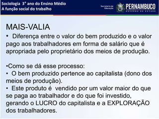 Sociologia 3° ano do Ensino Médio
A função social do trabalho
MAIS-VALIA
• Diferença entre o valor do bem produzido e o valor
pago aos trabalhadores em forma de salário que é
apropriada pelo proprietário dos meios de produção.
•Como se dá esse processo:
• O bem produzido pertence ao capitalista (dono dos
meios de produção).
• Este produto é vendido por um valor maior do que
se paga ao trabalhador e do que foi investido,
gerando o LUCRO do capitalista e a EXPLORAÇÃO
dos trabalhadores.
 