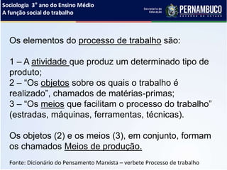 Sociologia 3° ano do Ensino Médio
A função social do trabalho
Os elementos do processo de trabalho são:
1 – A atividade que produz um determinado tipo de
produto;
2 – “Os objetos sobre os quais o trabalho é
realizado”, chamados de matérias-primas;
3 – “Os meios que facilitam o processo do trabalho”
(estradas, máquinas, ferramentas, técnicas).
Os objetos (2) e os meios (3), em conjunto, formam
os chamados Meios de produção.
Fonte: Dicionário do Pensamento Marxista – verbete Processo de trabalho
 