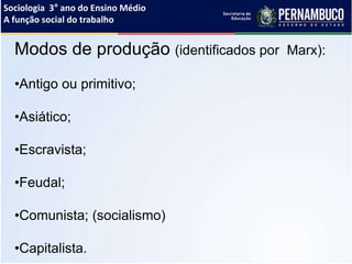 Sociologia 3° ano do Ensino Médio
A função social do trabalho
Modos de produção (identificados por Marx):
•Antigo ou primitivo;
•Asiático;
•Escravista;
•Feudal;
•Comunista; (socialismo)
•Capitalista.
 