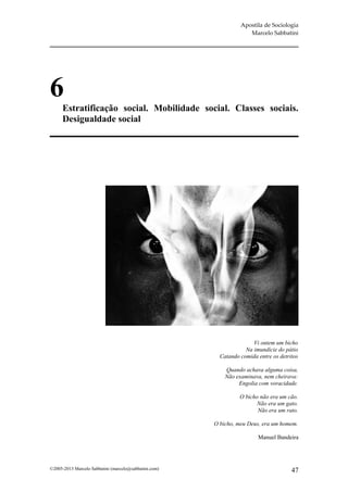 Apostila de Sociologia
                                                                    Marcelo Sabbatini




6
      Estratificação social. Mobilidade social. Classes sociais.
      Desigualdade social




                                                                      Vi ontem um bicho
                                                                   Na imundície do pátio
                                                         Catando comida entre os detritos

                                                           Quando achava alguma coisa,
                                                           Não examinava, nem cheirava:
                                                                Engolia com voracidade.

                                                                 O bicho não era um cão.
                                                                        Não era um gato.
                                                                        Não era um rato.

                                                       O bicho, meu Deus, era um homem.

                                                                        Manuel Bandeira




©2005-2013 Marcelo Sabbatini (marcelo@sabbatini.com)                                  47
 
