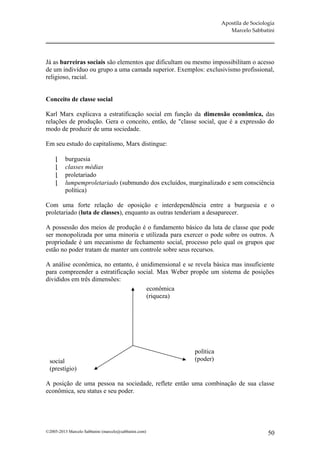 Apostila de Sociologia
                                                                      Marcelo Sabbatini




Já as barreiras sociais são elementos que dificultam ou mesmo impossibilitam o acesso
de um indivíduo ou grupo a uma camada superior. Exemplos: exclusivismo profissional,
religioso, racial.


Conceito de classe social

Karl Marx explicava a estratificação social em função da dimensão econômica, das
relações de produção. Gera o conceito, então, de "classe social, que é a expressão do
modo de produzir de uma sociedade.

Em seu estudo do capitalismo, Marx distingue:

         burguesia
         classes médias
         proletariado
         lumpemproletariado (submundo dos excluídos, marginalizado e sem consciência
          política)

Com uma forte relação de oposição e interdependência entre a burguesia e o
proletariado (luta de classes), enquanto as outras tenderiam a desaparecer.

A possessão dos meios de produção é o fundamento básico da luta de classe que pode
ser monopolizada por uma minoria e utilizada para exercer o pode sobre os outros. A
propriedade é um mecanismo de fechamento social, processo pelo qual os grupos que
estão no poder tratam de manter um controle sobre seus recursos.

A análise econômica, no entanto, é unidimensional e se revela básica mas insuficiente
para compreender a estratificação social. Max Weber propõe um sistema de posições
divididos em três dimensões:
                                     econômica
                                     (riqueza)




                                                        política
 social                                                 (poder)
 (prestígio)

A posição de uma pessoa na sociedade, reflete então uma combinação de sua classe
econômica, seu status e seu poder.




©2005-2013 Marcelo Sabbatini (marcelo@sabbatini.com)                                  50
 