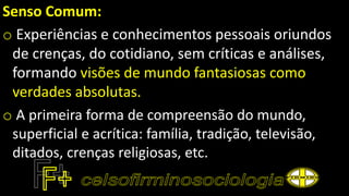 Senso Comum:
o Experiências e conhecimentos pessoais oriundos
de crenças, do cotidiano, sem críticas e análises,
formando visões de mundo fantasiosas como
verdades absolutas.
o A primeira forma de compreensão do mundo,
superficial e acrítica: família, tradição, televisão,
ditados, crenças religiosas, etc.
 