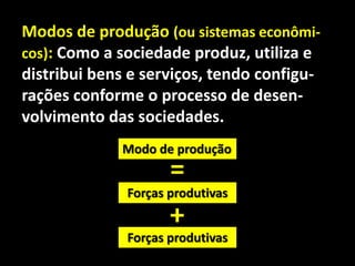 Modos de produção (ou sistemas econômicos): Como a sociedade produz, utiliza e
distribui bens e serviços, tendo configurações conforme o processo de desenvolvimento das sociedades.
Modo de produção

=

Forças produtivas

+
Forças produtivas

 