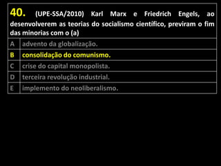 40.

(UPE-SSA/2010) Karl Marx e Friedrich Engels, ao
desenvolverem as teorias do socialismo científico, previram o fim
das minorias com o (a)
A advento da globalização.
B consolidação do comunismo.
C crise do capital monopolista.
D
E

terceira revolução industrial.
implemento do neoliberalismo.

 
