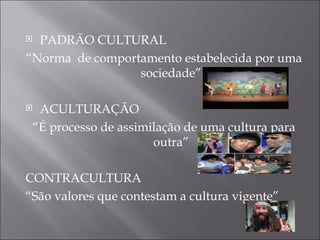 PADRÃO CULTURAL “Norma  de comportamento estabelecida por uma sociedade” ACULTURAÇÃO “É processo de assimilação de uma cultura para outra” CONTRACULTURA “São valores que contestam a cultura vigente” 
