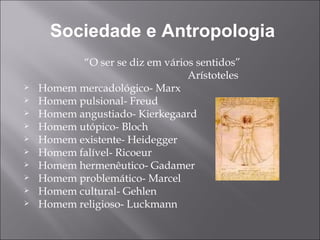 Sociedade e Antropologia “ O ser se diz em vários sentidos” Arístoteles Homem mercadológico- Marx Homem pulsional- Freud Homem angustiado- Kierkegaard Homem utópico- Bloch Homem existente- Heidegger Homem falível- Ricoeur Homem hermenêutico- Gadamer Homem problemático- Marcel Homem cultural- Gehlen Homem religioso- Luckmann 