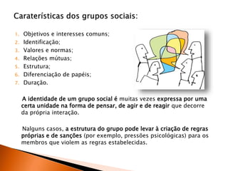 1. Objetivos e interesses comuns;
2. Identificação;
3. Valores e normas;
4. Relações mútuas;
5. Estrutura;
6. Diferenciação de papéis;
7. Duração.
A identidade de um grupo social é muitas vezes expressa por uma
certa unidade na forma de pensar, de agir e de reagir que decorre
da própria interação.
Nalguns casos, a estrutura do grupo pode levar à criação de regras
próprias e de sanções (por exemplo, pressões psicológicas) para os
membros que violem as regras estabelecidas.
 