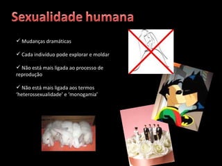 Mudanças dramáticas Cada indivíduo pode explorar e moldar Não está mais ligada ao processo de reprodução Não está mais ligada aos termos ‘heterossexualidade’ e ‘monogamia’ 