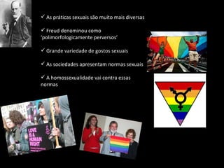 As práticas sexuais são muito mais diversas Freud denominou como ‘polimorfologicamente perversos’ Grande variedade de gostos sexuais As sociedades apresentam normas sexuais A homossexualidade vai contra essas normas 