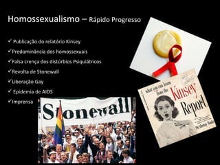 Homossexualismo –  Rápido Progresso   Publicação do relatório Kinsey Predominância dos homossexuais Falsa crença dos distúrbios Psiquiátricos Revolta de Stonewall Liberação Gay Epidemia de AIDS Imprensa 
