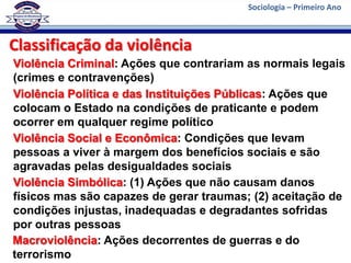 Sociologia – Primeiro Ano



Classificação da violência
Violência Criminal: Ações que contrariam as normais legais
(crimes e contravenções)
Violência Política e das Instituições Públicas: Ações que
colocam o Estado na condições de praticante e podem
ocorrer em qualquer regime político
Violência Social e Econômica: Condições que levam
pessoas a viver à margem dos benefícios sociais e são
agravadas pelas desigualdades sociais
Violência Simbólica: (1) Ações que não causam danos
físicos mas são capazes de gerar traumas; (2) aceitação de
condições injustas, inadequadas e degradantes sofridas
por outras pessoas
Macroviolência: Ações decorrentes de guerras e do
terrorismo
 