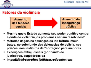 Sociologia – Primeiro Ano



Fatores da violência
      Aumento                        Aumento da
     das tensões                     insegurança
       sociais                          pública

 Mesmo que o Estado aumente seu poder punitivo contra
  a onda de violência, os problemas seriam resolvidos?
 Métodos ilegais na aplicação da lei: tortura, maus
  tratos, no submundo das delegacias de polícia, nas
  prisões, nos institutos de “correção” para menores
 Execuções extrajudiciais (por bando de
  justiceiros, esquadrões da
 morte), linchamentos, “vinganças”
  Impunidade das elites políticas e econômicas
 
