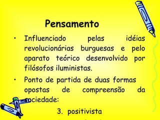 Pensamento Influenciado pelas idéias revolucionárias burguesas e pelo aparato teórico desenvolvido por filósofos iluministas. Ponto de partida de duas formas  opostas de compreensão da sociedade: positivista Socialista* 