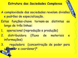 Estrutura das Sociedades Complexas A complexidade das sociedades revelam divisões e padrões de especialização. Estas funções-chave tornam-se distintas ao longo de três linhas: 1.  operacional (reprodução e produção) 2. distribuidora (fluxo de materiais e informações) 3.  reguladora  (concentração de poder para controlar e coordenar)* 