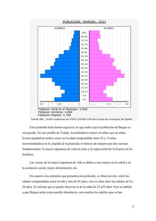3
Esta pirámide tiene forma regresiva, lo que indica que la población de Bargas es
envejecida. En este pueblo de Toledo, la natalidad es mayor en niños que en niñas.
Existe equidad en ambos sexos en la edad comprendida entre 10 y 14 años,
incrementándose en la cúspide de la pirámide el número de mujeres por dos razones
fundamentales: la mayor esperanza de vida en éstas y la repercusión de la Guerra en los
hombres.
Las causas de la mayor esperanza de vida se deben a una mejora en la salud y en
la asistencia social, mejor alimentación, etc.
En cuanto a los entrantes que presenta esta pirámide, se observan dos: entre las
edades comprendidas entre los 60 y más de 85 años; otro se sitúa entre las edades de 0 a
20 años. El saliente que se puede observar es de la edad de 25 a55 años. Esto es debido
a que Bargas actúa como pueblo dormitorio, son muchos los adultos que se han
 