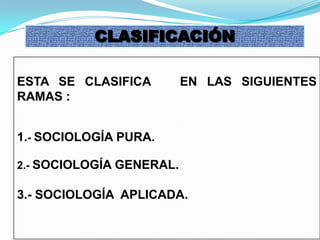 ESTA SE CLASIFICA EN LAS SIGUIENTES
RAMAS :
1.- SOCIOLOGÍA PURA.
2.- SOCIOLOGÍA GENERAL.
3.- SOCIOLOGÍA APLICADA.
CLASIFICACIÓN
 