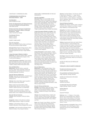 CONCEPÇÃO E COORDENAÇÃO GERAL
COORDENADORIA DE GESTÃO DA
EDUCAÇÃO BÁSICA – CGEB
Coordenadora
Maria Elizabete da Costa
Diretor do Departamento de Desenvolvimento
Curricular de Gestão da Educação Básica
João Freitas da Silva
Diretora do Centro de Ensino Fundamental
dos Anos Finais, Ensino Médio e Educação
Proﬁssional – CEFAF
Valéria Tarantello de Georgel
Coordenação Técnica
Roberto Canossa
Roberto Liberato
EQUIPES CURRICULARES
Área de Linguagens
Arte: Carlos Eduardo Povinha, Kátia Lucila Bueno,
Pio de Sousa Santana e Roseli Ventrela.
Educação Física: Marcelo Ortega Amorim, Maria
Elisa Kobs Zacarias, Mirna Leia Violin Brandt,
Rosangela Aparecida de Paiva e Sergio Roberto
Silveira.
Língua Estrangeira Moderna (Inglês e
Espanhol): Ana Paula de Oliveira Lopes, Jucimeire
de Souza Bispo, Neide Ferreira Gaspar e Sílvia
Cristina Gomes Nogueira.
Língua Portuguesa e Literatura: Claricia Akemi
Eguti, Idê Moraes dos Santos, João Mário Santana,
Kátia Regina Pessoa, Mara Lúcia David, Roseli
Cordeiro Cardoso e Rozeli Frasca Bueno Alves.
Área de Matemática
Matemática: João dos Santos, Juvenal de
Gouveia, Otavio Yoshio Yamanaka, Patrícia de
Barros Monteiro, Sandra Maira Zen Zacarias e
Vanderley Aparecido Cornatione.
Área de Ciências da Natureza
Biologia: Aparecida Kida Sanches, Elizabeth Reymi
Rodrigues, Juliana Pavani de Paula Bueno e
Rodrigo Ponce.
Ciências: Eleuza Vania Maria Lagos Guazzelli e
Maria da Graça de Jesus Mendes.
Física: Carolina dos Santos Batista, Fábio
Bresighello Beig, Renata Cristina de Andrade
Oliveira e Tatiana Souza da Luz Stroeymeyte.
Química: Ana Joaquina Simões S. de Matos
Carvalho, Jeronimo da Silva Barbosa Filho, João
Batista Santos Junior e Natalina de Fátima Mateus.
Área de Ciências Humanas
Filosoﬁa: Tânia Gonçalves e Teônia de Abreu
Ferreira.
Geograﬁa: Andréia Cristina Barroso Cardoso,
Débora Regina Aversan e Sérgio Luiz Damiati.
História: Cynthia Moreira Marcucci, Lydia
Elisabeth Menezello e Maria Margarete dos Santos.
Sociologia: Carlos Fernando de Almeida, Sérgio
Roberto Cardoso e Tony Shigueki Nakatani.
PROFESSORES COORDENADORES DO NÚCLEO
PEDAGÓGICO
Área de Linguagens
Educação Física: Ana Lucia Steidle, Daniela
Peixoto Rosa, Eliana Cristine Budisk de Lima,
Fabiana Oliveira da Silva, Isabel Cristina Albergoni,
Karina Xavier, Katia Mendes, Liliane Renata Tank
Gullo, Marcia Magali Rodrigues dos Santos,
Mônica Antonia Cucatto da Silva, Patrícia Pinto
Santiago, Sandra Pereira Mendes, Sebastiana
Gonçalves Ferreira, Silvana Alves Muniz,
Thiago Candido Biselli Farias e Welker José Mahler.
Língua Estrangeira Moderna (Inglês): Célia
Regina Teixeira da Costa, Cleide Antunes Silva,
Ednéa Boso, Edney Couto de Souza, Elana
Simone Schiavo Caramano, Eliane Graciela
dos Santos Santana, Elisabeth Pacheco Lomba
Kozokoski, Fabiola Maciel Saldão, Isabel Cristina
dos Santos Dias, Juliana Munhoz dos Santos,
Kátia Vitorian Gellers, Lídia Maria Batista Bomﬁm,
Lindomar Alves de Oliveira, Lúcia Aparecida
Arantes, Mauro Celso de Souza, Neusa A.
Abrunhosa Tápias, Patrícia Helena Passos,
Renata Motta Chicoli Belchior, Renato José de
Souza, Sandra Regina Teixeira Batista de
Campos, Silmara Santade Masiero e Sílvia
Cristina Gomes Nogueira.
Língua Portuguesa: Andrea Righeto, Angela
Maria Baltieri Souza, Edilene Bachega R. Viveiros,
Eliane Cristina Gonçalves Ramos, Graciana B.
Ignacio Cunha, João Mário Santana, Letícia
M. de Barros L. Viviani, Luciana de Paula Diniz,
Márcia Regina Xavier Gardenal, Maria Cristina
Cunha Riondet Costa, Maria José de Miranda
Nascimento, Maria Márcia Zamprônio Pedroso,
Patrícia Fernanda Morande Roveri, Ronaldo Cesar
Alexandre Formici, Selma Rodrigues e
Sílvia Regina Peres.
Área de Matemática
Matemática: Carlos Alexandre Emídio, Clóvis
Antonio de Lima, Delizabeth Evanir Malavazzi,
Edinei Pereira de Sousa, Eduardo Granado Garcia,
Evaristo Glória, Everaldo José Machado de Lima,
Fabio Augusto Trevisan, Inês Chiarelli Dias, Ivan
Castilho, José Maria Sales Júnior, Luciana Moraes
Funada, Luciana Vanessa de Almeida Buranello,
Mário José Pagotto, Paula Pereira Guanais, Regina
Helena de Oliveira Rodrigues, Robson Rossi,
Rodrigo Soares de Sá, Rosana Jorge Monteiro,
Rosângela Teodoro Gonçalves, Roseli Soares
Jacomini, Silvia Ignês Peruquetti Bortolatto e Zilda
Meira de Aguiar Gomes.
Área de Ciências da Natureza
Biologia: Aureli Martins Sartori de Toledo, Claudia
Segantino Leme, Evandro Rodrigues Vargas
Silvério, Fernanda Rezende Pedroza, Regiani
Braguim Chioderoli de Araujo e Soﬁa Valeriano
Silva Ratz.
Ciências: Davi Andrade Pacheco, Franklin Julio
de Melo, Liamara P. Rocha da Silva, Marceline
de Lima, Paulo Garcez Fernandes, Paulo Roberto
Orlandi Valdastri, Rosimeire da Cunha e Wilson
Luís Prati.
Física: Ana Claudia Cossini Martins, Ana Paula
Vieira Costa, André Henrique Ghelﬁ Ruﬁno,
Cristiane Gislene Bezerra, Fabiana Hernandes
M. Garcia, Leandro dos Reis Marques, Marcio
Bortoletto Fessel, Marta Ferreira Mafra, Rafael
Plana Simões e Rui Buosi.
Química: Armenak Bolean, Cirila Tacconi, Daniel
B. Nascimento, Elizandra C. S. Lopes, Gerson
N. Silva, Idma A. C. Ferreira, Laura C. A. Xavier,
Marcos Antônio Gimenes, Massuko S. Warigoda,
Roza K. Morikawa, Sílvia H. M. Fernandes, Valdir P.
Berti e Willian G. Jesus.
Área de Ciências Humanas
Filosoﬁa: Álex Roberto Genelhu Soares, Anderson
Gomes de Paiva, Anderson Luiz Pereira, Claudio
Nitsch Medeiros e José Aparecido Vidal.
Geograﬁa: Ana Helena Veneziani Vitor, Célio
Batista da Silva, Edison Luiz Barbosa de Souza,
Edivaldo Bezerra Viana, Elizete Buranello Perez,
Márcio Luiz Verni, Milton Paulo dos Santos,
Mônica Estevan, Regina Célia Batista, Rita de
Cássia Araujo, Rosinei Aparecida Ribeiro Libório,
Sandra Raquel Scassola Dias, Selma Marli Trivellato
e Sonia Maria M. Romano.
História: Aparecida de Fátima dos Santos Pereira,
Carla Flaitt Valentini, Claudia Elisabete Silva,
Cristiane Gonçalves de Campos, Cristina de Lima
Cardoso Leme, Ellen Claudia Cardoso Doretto,
Ester Galesi Gryga, Karin Sant’Ana Kossling,
Marcia Aparecida Ferrari Salgado de Barros, Mercia
Albertina de Lima Camargo, Priscila Lourenço,
Rogerio Sicchieri, Sandra Maria Fodra e Walter
Garcia de Carvalho Vilas Boas.
Sociologia: Aparecido Antônio de Almeida, Jean
Paulo de Araújo Miranda, Neide de Lima Moura e
Tânia Fetchir.
GESTÃO DO PROCESSO DE PRODUÇÃO
EDITORIAL
FUNDAÇÃO CARLOS ALBERTO VANZOLINI
Presidente da Diretoria Executiva
Antonio Rafael Namur Muscat
Vice-presidente da Diretoria Executiva
Hugo Tsugunobu Yoshida Yoshizaki
GESTÃO DE TECNOLOGIAS APLICADAS
À EDUCAÇÃO
Direção da Área
Guilherme Ary Plonski
Coordenação Executiva do Projeto
Angela Sprenger e Beatriz Scavazza
Gestão Editorial
Denise Blanes
Equipe de Produção
Editorial: Ana C. S. Pelegrini, Cíntia Leitão,
Mariana Góis, Michelangelo Russo, Natália S.
Moreira, Olivia Frade Zambone, Priscila Risso,
Regiane Monteiro Pimentel Barboza, Rodolfo
Marinho, Stella Assumpção Mendes Mesquita e
Tatiana F. Souza.
Direitos autorais e iconograﬁa: Débora Arécio,
Érica Marques, José Carlos Augusto, Maria
Aparecida Acunzo Forli e Maria Magalhães
de Alencastro.
 