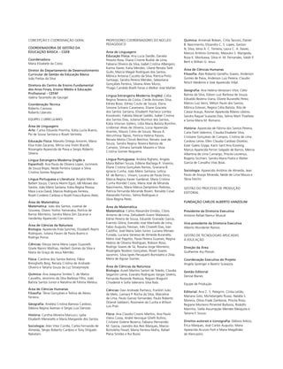 CONCEPÇÃO E COORDENAÇÃO GERAL
COORDENADORIA DE GESTÃO DA
EDUCAÇÃO BÁSICA – CGEB
Coordenadora
Maria Elizabete da Costa
Diretor do Departamento de Desenvolvimento
Curricular de Gestão da Educação Básica
João Freitas da Silva
Diretora do Centro de Ensino Fundamental
dos Anos Finais, Ensino Médio e Educação
Profissional – CEFAF
Valéria Tarantello de Georgel
Coordenação Técnica
Roberto Canossa
Roberto Liberato
EQUIPES CURRICULARES
Área de Linguagens
Arte: Carlos Eduardo Povinha, Kátia Lucila Bueno,
Pio de Sousa Santana e Roseli Ventrela.
Educação Física: Marcelo Ortega Amorim, Maria
Elisa Kobs Zacarias, Mirna Leia Violin Brandt,
Rosangela Aparecida de Paiva e Sergio Roberto
Silveira.
Língua Estrangeira Moderna (Inglês e
Espanhol): Ana Paula de Oliveira Lopes, Jucimeire
de Souza Bispo, Neide Ferreira Gaspar e Sílvia
Cristina Gomes Nogueira.
Língua Portuguesa e Literatura: Angela Maria
Baltieri Souza, Claricia Akemi Eguti, Idê Moraes dos
Santos, João Mário Santana, Kátia Regina Pessoa,
Mara Lúcia David, Marcos Rodrigues Ferreira,
Roseli Cordeiro Cardoso e Rozeli Frasca Bueno Alves.
Área de Matemática
Matemática: João dos Santos, Juvenal de
Gouveia, Otavio Yoshio Yamanaka, Patrícia de
Barros Monteiro, Sandra Maira Zen Zacarias e
Vanderley Aparecido Cornatione.
Área de Ciências da Natureza
Biologia: Aparecida Kida Sanches, Elizabeth Reymi
Rodrigues, Juliana Pavani de Paula Bueno e
Rodrigo Ponce.
Ciências: Eleuza Vania Maria Lagos Guazzelli,
Gisele Nanini Mathias, Herbert Gomes da Silva e
Maria da Graça de Jesus Mendes.
Física: Carolina dos Santos Batista, Fábio
Bresighello Beig, Renata Cristina de Andrade
Oliveira e Tatiana Souza da Luz Stroeymeyte.
Química: Ana Joaquina Simões S. de Matos
Carvalho, Jeronimo da Silva Barbosa Filho, João
Batista Santos Junior e Natalina de Fátima Mateus.
Área de Ciências Humanas
Filosofia: Tânia Gonçalves e Teônia de Abreu
Ferreira.
Geografia: Andréia Cristina Barroso Cardoso,
Débora Regina Aversan e Sérgio Luiz Damiati.
História: Cynthia Moreira Marcucci, Lydia
Elisabeth Menezello e Maria Margarete dos Santos.
Sociologia: Alan Vitor Corrêa, Carlos Fernando de
Almeida, Sérgio Roberto Cardoso e Tony Shigueki
Nakatani.
PROFESSORES COORDENADORES DO NÚCLEO
PEDAGÓGICO
Área de Linguagens
Educação Física: Ana Lucia Steidle, Daniela
Peixoto Rosa, Eliana Cristine Budisk de Lima,
Fabiana Oliveira da Silva, Isabel Cristina Albergoni,
Karina Xavier, Katia Mendes, Liliane Renata Tank
Gullo, Marcia Magali Rodrigues dos Santos,
Mônica Antonia Cucatto da Silva, Patrícia Pinto
Santiago, Sandra Pereira Mendes, Sebastiana
Gonçalves Ferreira, Silvana Alves Muniz,
Thiago Candido Biselli Farias e Welker José Mahler.
Língua Estrangeira Moderna (Inglês): Célia
Regina Teixeira da Costa, Cleide Antunes Silva,
Ednéa Boso, Edney Couto de Souza, Elana
Simone Schiavo Caramano, Eliane Graciela
dos Santos Santana, Elisabeth Pacheco Lomba
Kozokoski, Fabiola Maciel Saldão, Isabel Cristina
dos Santos Dias, Juliana Munhoz dos Santos,
Kátia Vitorian Gellers, Lídia Maria Batista Bomfim,
Lindomar Alves de Oliveira, Lúcia Aparecida
Arantes, Mauro Celso de Souza, Neusa A.
Abrunhosa Tápias, Patrícia Helena Passos,
Renata Motta Chicoli Belchior, Renato José de
Souza, Sandra Regina Teixeira Batista de
Campos, Silmara Santade Masiero e Sílvia
Cristina Gomes Nogueira.
Língua Portuguesa: Andrea Righeto, Angela
Maria Baltieri Souza, Edilene Bachega R. Viveiros,
Eliane Cristina Gonçalves Ramos, Graciana B.
Ignacio Cunha, João Mário Santana, Letícia
M. de Barros L. Viviani, Luciana de Paula Diniz,
Márcia Regina Xavier Gardenal, Maria Cristina
Cunha Riondet Costa, Maria José de Miranda
Nascimento, Maria Márcia Zamprônio Pedroso,
Patrícia Fernanda Morande Roveri, Ronaldo Cesar
Alexandre Formici, Selma Rodrigues e
Sílvia Regina Peres.
Área de Matemática
Matemática: Carlos Alexandre Emídio, Clóvis
Antonio de Lima, Delizabeth Evanir Malavazzi,
Edinei Pereira de Sousa, Eduardo Granado Garcia,
Evaristo Glória, Everaldo José Machado de Lima,
Fabio Augusto Trevisan, Inês Chiarelli Dias, Ivan
Castilho, José Maria Sales Júnior, Luciana Moraes
Funada, Luciana Vanessa de Almeida Buranello,
Mário José Pagotto, Paula Pereira Guanais, Regina
Helena de Oliveira Rodrigues, Robson Rossi,
Rodrigo Soares de Sá, Rosana Jorge Monteiro,
Rosângela Teodoro Gonçalves, Roseli Soares
Jacomini, Silvia Ignês Peruquetti Bortolatto e Zilda
Meira de Aguiar Gomes.
Área de Ciências da Natureza
Biologia: Aureli Martins Sartori de Toledo, Claudia
Segantini Leme, Evandro Rodrigues Vargas Silvério,
Fernanda Rezende Pedroza, Regiani Braguim
Chioderoli e Sofia Valeriano Silva Ratz.
Ciências: Davi Andrade Pacheco, Franklin Julio
de Melo, Liamara P. Rocha da Silva, Marceline
de Lima, Paulo Garcez Fernandes, Paulo Roberto
Orlandi Valdastri, Rosimeire da Cunha e Wilson
Luís Prati.
Física: Ana Claudia Cossini Martins, Ana Paula
Vieira Costa, André Henrique Ghelfi Rufino,
Cristiane Gislene Bezerra, Fabiana Hernandes
M. Garcia, Leandro dos Reis Marques, Marcio
Bortoletto Fessel, Marta Ferreira Mafra, Rafael
Plana Simões e Rui Buosi.
Química: Armenak Bolean, Cirila Tacconi, Daniel
B. Nascimento, Elizandra C. S. Lopes, Gerson
N. Silva, Idma A. C. Ferreira, Laura C. A. Xavier,
Marcos Antônio Gimenes, Massuko S. Warigoda,
Roza K. Morikawa, Sílvia H. M. Fernandes, Valdir P.
Berti e Willian G. Jesus.
Área de Ciências Humanas
Filosofia: Álex Roberto Genelhu Soares, Anderson
Gomes de Paiva, Anderson Luiz Pereira, Claudio
Nitsch Medeiros e José Aparecido Vidal.
Geografia: Ana Helena Veneziani Vitor, Célio
Batista da Silva, Edison Luiz Barbosa de Souza,
Edivaldo Bezerra Viana, Elizete Buranello Perez,
Márcio Luiz Verni, Milton Paulo dos Santos,
Mônica Estevan, Regina Célia Batista, Rita de
Cássia Araujo, Rosinei Aparecida Ribeiro Libório,
Sandra Raquel Scassola Dias, Selma Marli Trivellato
e Sonia Maria M. Romano.
História: Aparecida de Fátima dos Santos Pereira,
Carla Flaitt Valentini, Claudia Elisabete Silva,
Cristiane Gonçalves de Campos, Cristina de Lima
Cardoso Leme, Ellen Claudia Cardoso Doretto,
Ester Galesi Gryga, Karin Sant’Ana Kossling,
Marcia Aparecida Ferrari Salgado de Barros, Mercia
Albertina de Lima Camargo, Priscila Lourenço,
Rogerio Sicchieri, Sandra Maria Fodra e Walter
Garcia de Carvalho Vilas Boas.
Sociologia: Aparecido Antônio de Almeida, Jean
Paulo de Araújo Miranda, Neide de Lima Moura e
Tânia Fetchir.
GESTÃO DO PROCESSO DE PRODUÇÃO
EDITORIAL
FUNDAÇÃO CARLOS ALBERTO VANZOLINI
Presidente da Diretoria Executiva
Antonio Rafael Namur Muscat
Vice-presidente da Diretoria Executiva
Alberto Wunderler Ramos
GESTÃO DE TECNOLOGIAS APLICADAS
À EDUCAÇÃO
Direção da Área
Guilherme Ary Plonski
Coordenação Executiva do Projeto
Angela Sprenger e Beatriz Scavazza
Gestão Editorial
Denise Blanes
Equipe de Produção
Editorial: Ana C. S. Pelegrini, Cíntia Leitão,
Mariana Góis, Michelangelo Russo, Natália S.
Moreira, Olivia Frade Zambone, Priscila Risso,
Regiane Monteiro Pimentel Barboza, Rodolfo
Marinho, Stella Assumpção Mendes Mesquita e
Tatiana F. Souza.
Direitos autorais e iconografia: Débora Arécio,
Érica Marques, José Carlos Augusto, Maria
Aparecida Acunzo Forli e Maria Magalhães
de Alencastro.
SOCIOLOGIA_CAA_2s_Vol3_2013_P3.indd 1 07/05/13 15:35
 