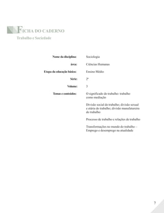 FICHA DO CADERNO
Trabalho e Sociedade
Nome da disciplina: Sociologia
área: Ciências Humanas
Etapa da educação básica: Ensino Médio
Série: 2ª
Volume: 3
Temas e conteúdos: O significado do trabalho: trabalho
como mediação
Divisão social do trabalho; divisão sexual
e etária do trabalho; divisão manufatureira
do trabalho
Processo de trabalho e relações de trabalho
Transformações no mundo do trabalho –
Emprego e desemprego na atualidade
7
 