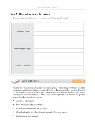 Você deverá pesquisar com um colega, em revistas, jornais e na internet, reportagens e matérias
que relatem episódios de violência variados. O objetivo da pesquisa é obter um caso de violên-
cia física, outro de violência psicológica e uma situação que possa ser analisada com base na
concepção de violência simbólica. Ao final, vocês deverão apresentar um trabalho em que este-
jam explicitados os seguintes aspectos:
•	 assunto da reportagem;
•	 breve descrição dos fatos ocorridos;
•	 identificação das vítimas e dos agressores;
•	 identificação do(s) tipo(s) de violência abordado(s) na reportagem;
•	 justificativa do item anterior.
VOCÊ APRENDEU?
Etapa 2 – Dimensões e formas da violência
Preste atenção nas explicações do professor e complete o quadro a seguir:
Violência física
Violência psicológica
Violência simbólica
Sociologia - 2ª série - Volume 4
9
SOCIO_CAA_2s_Vol4_P3_2013.indd 9 29/07/13 15:18
 