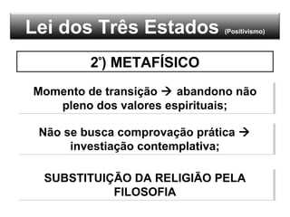 Lei dos Três Estados (Positivismo)
2º
) METAFÍSICO
Momento de transição  abandono não
pleno dos valores espirituais;
Momento de transição  abandono não
pleno dos valores espirituais;
Não se busca comprovação prática 
investiação contemplativa;
Não se busca comprovação prática 
investiação contemplativa;
SUBSTITUIÇÃO DA RELIGIÃO PELA
FILOSOFIA
SUBSTITUIÇÃO DA RELIGIÃO PELA
FILOSOFIA
 